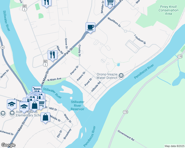 map of restaurants, bars, coffee shops, grocery stores, and more near 34 Crosby Street in Orono