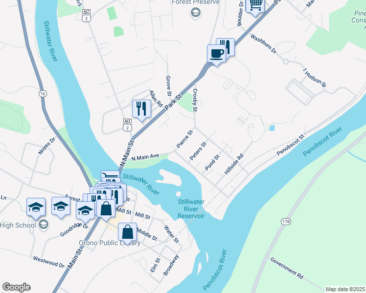 map of restaurants, bars, coffee shops, grocery stores, and more near 44 Pierce Street in Orono
