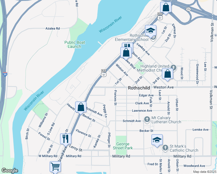 map of restaurants, bars, coffee shops, grocery stores, and more near 114 Weston Avenue in Rothschild