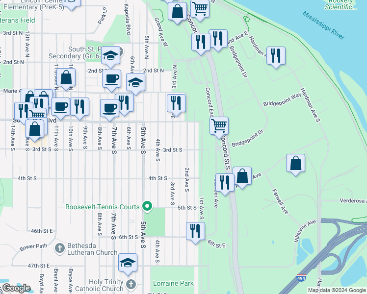 map of restaurants, bars, coffee shops, grocery stores, and more near 247 2nd Avenue South in South Saint Paul