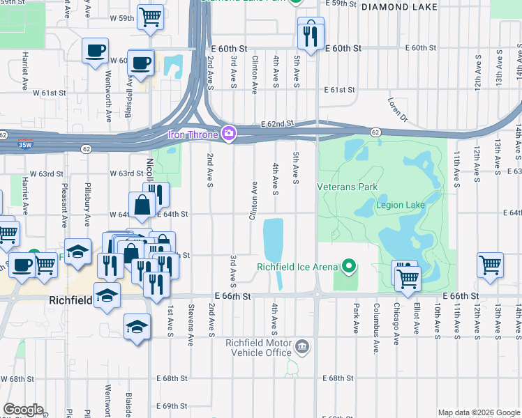 map of restaurants, bars, coffee shops, grocery stores, and more near 6339 Clinton Avenue in Minneapolis
