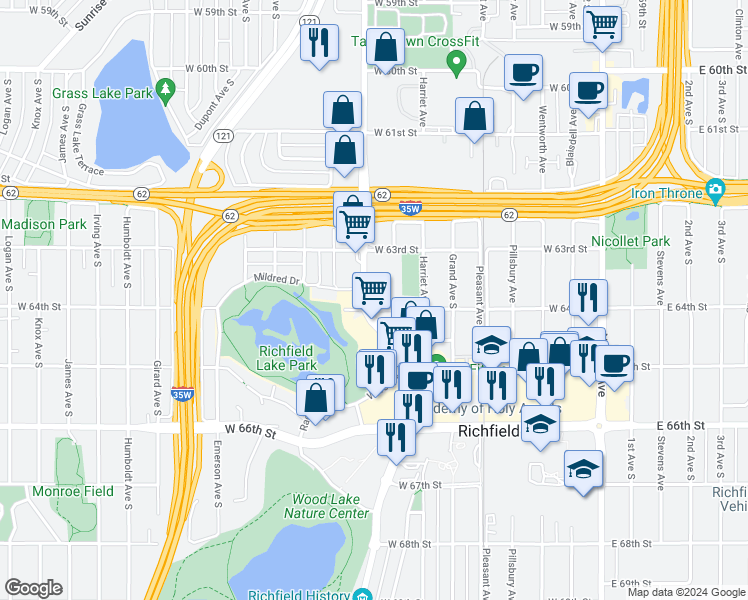 map of restaurants, bars, coffee shops, grocery stores, and more near 6345 Lyndale Avenue South in Minneapolis