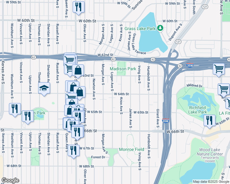 map of restaurants, bars, coffee shops, grocery stores, and more near 6341 Logan Avenue South in Minneapolis