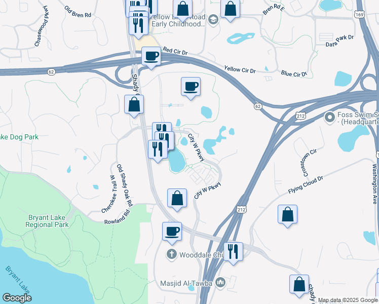 map of restaurants, bars, coffee shops, grocery stores, and more near 6425 City West Parkway in Eden Prairie