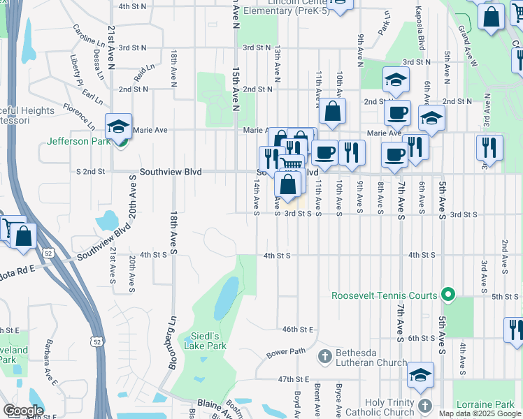map of restaurants, bars, coffee shops, grocery stores, and more near 257 14th Avenue South in South Saint Paul