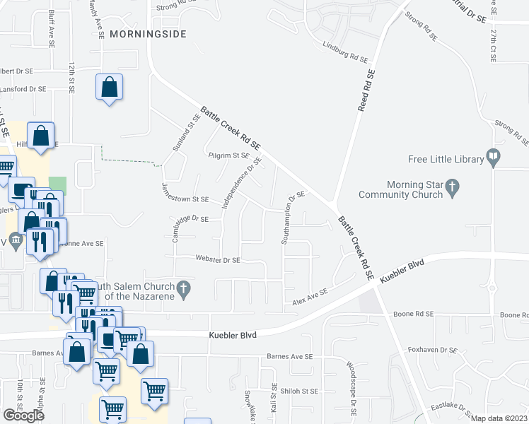 map of restaurants, bars, coffee shops, grocery stores, and more near 4622 Bradford Loop Southeast in Salem