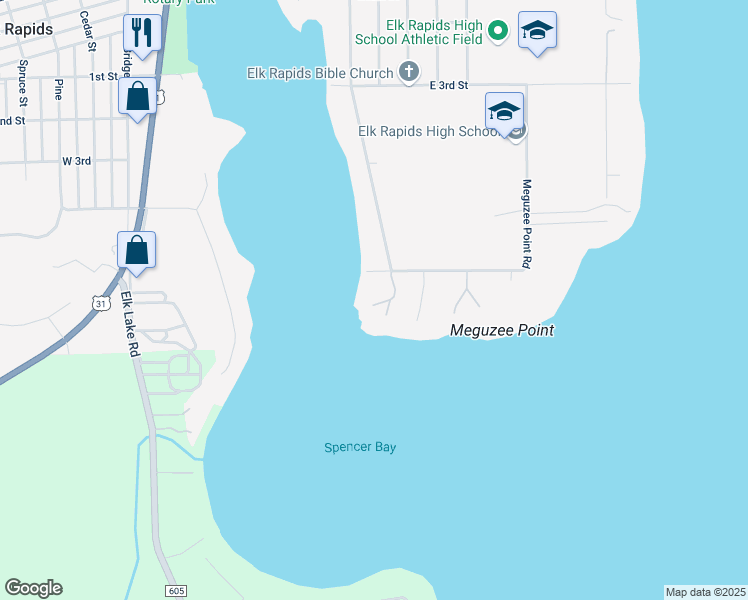 map of restaurants, bars, coffee shops, grocery stores, and more near 585 Meguzee Point Road in Elk Rapids