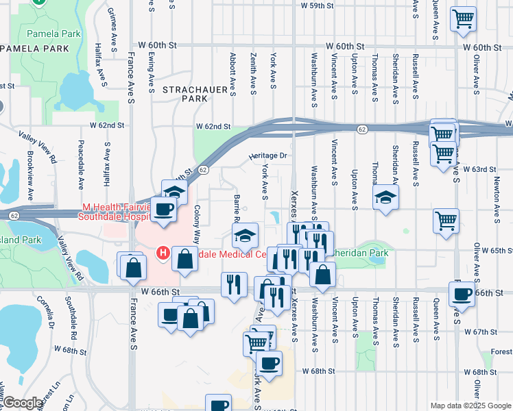 map of restaurants, bars, coffee shops, grocery stores, and more near 6400 York Avenue South in Minneapolis