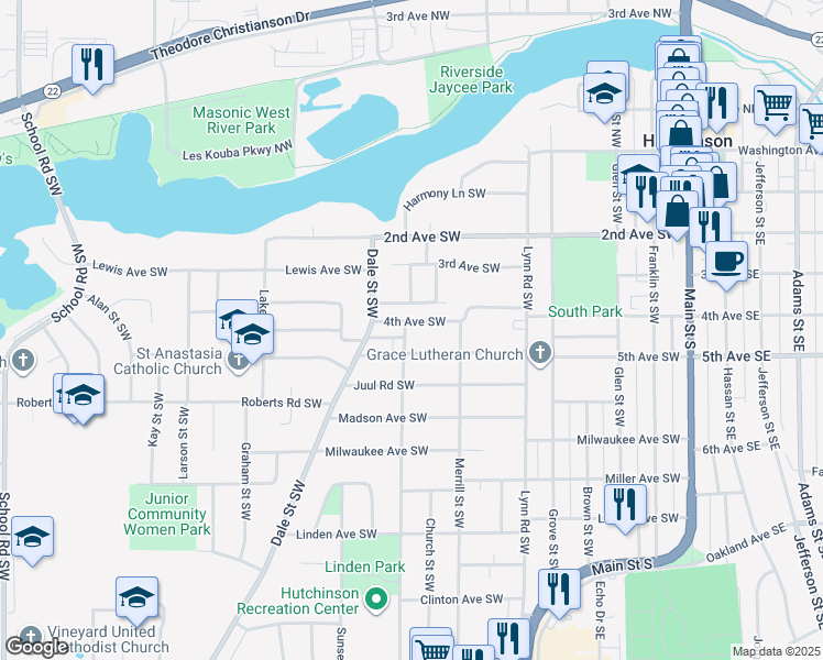 map of restaurants, bars, coffee shops, grocery stores, and more near 644 4th Avenue Southwest in Hutchinson