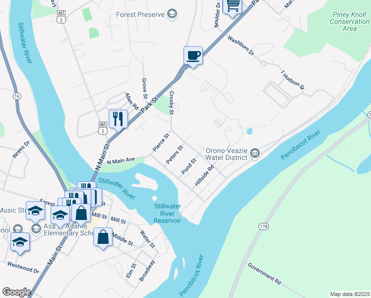 map of restaurants, bars, coffee shops, grocery stores, and more near 34 Crosby Street in Orono