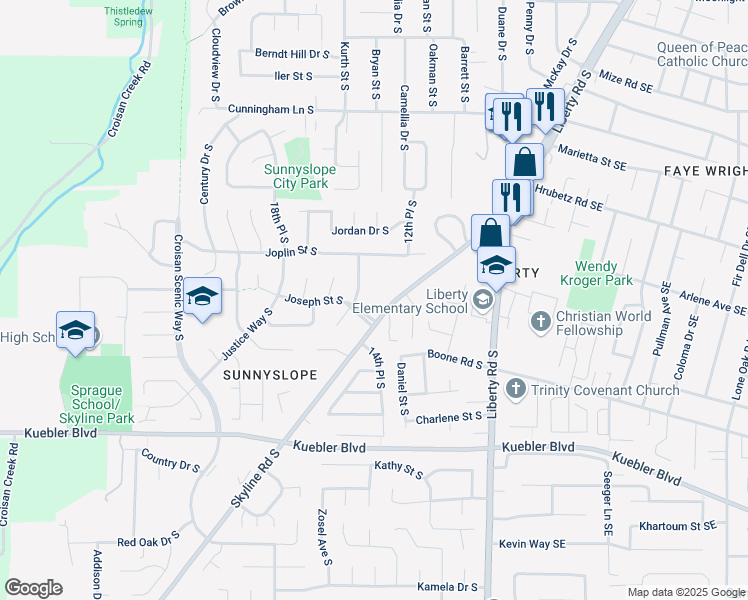 map of restaurants, bars, coffee shops, grocery stores, and more near 4795 Skyline Road South in Salem