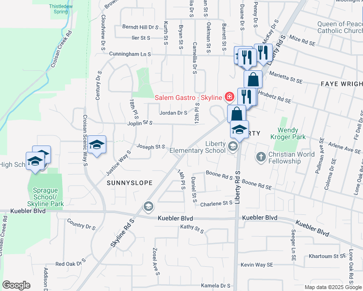 map of restaurants, bars, coffee shops, grocery stores, and more near 4795 Skyline Road South in Salem