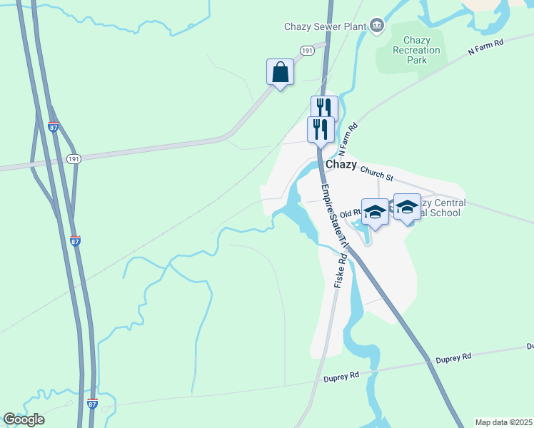 map of restaurants, bars, coffee shops, grocery stores, and more near 42 River St in Chazy