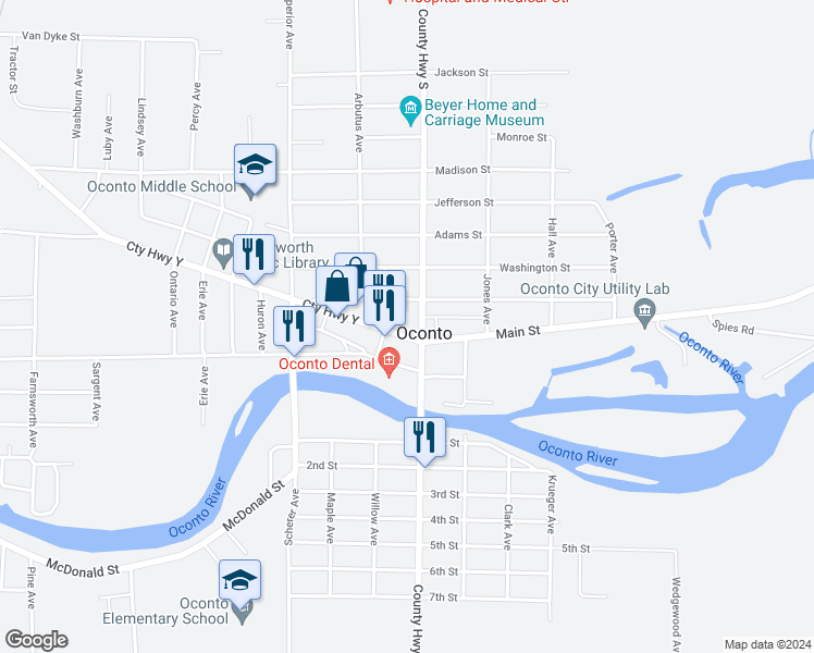 map of restaurants, bars, coffee shops, grocery stores, and more near 1201 Main Street in Oconto