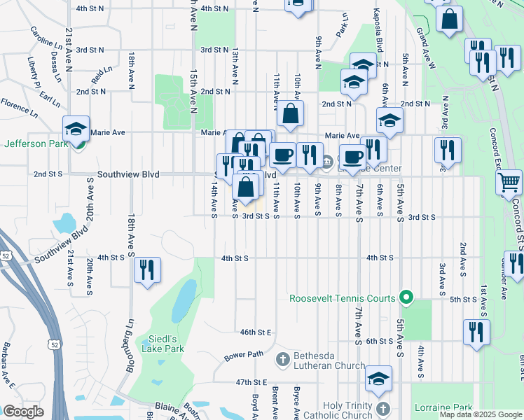 map of restaurants, bars, coffee shops, grocery stores, and more near 248 11th Avenue South in South Saint Paul