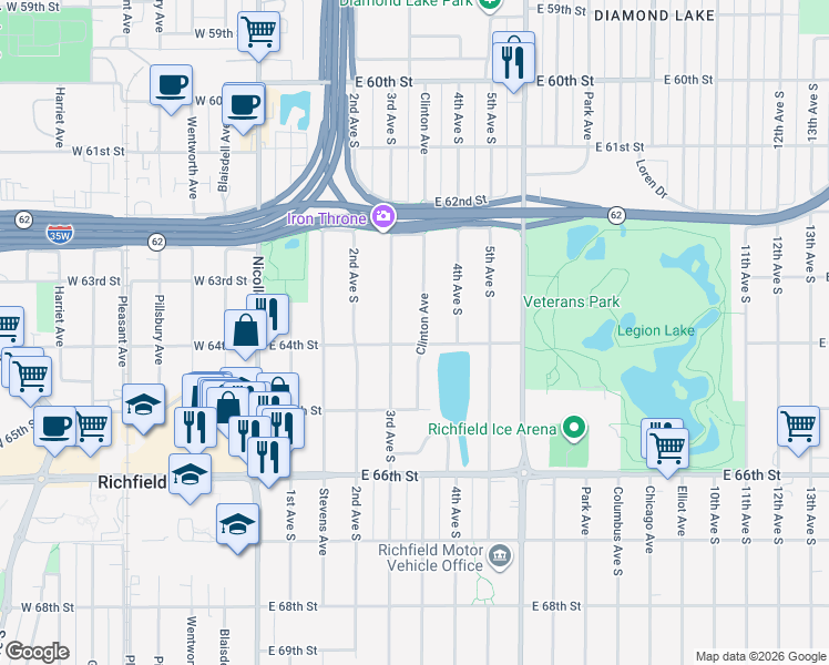 map of restaurants, bars, coffee shops, grocery stores, and more near 6339 Clinton Avenue in Minneapolis