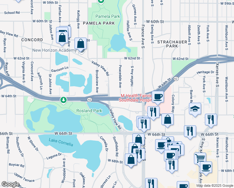 map of restaurants, bars, coffee shops, grocery stores, and more near 4200 Valley View Road in Minneapolis