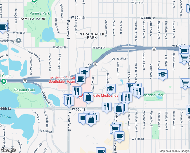 map of restaurants, bars, coffee shops, grocery stores, and more near 6315 Colony Way in Minneapolis