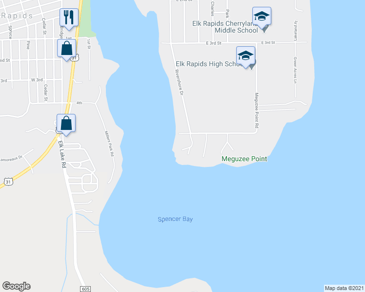 map of restaurants, bars, coffee shops, grocery stores, and more near 585 Meguzee Point Road in Elk Rapids
