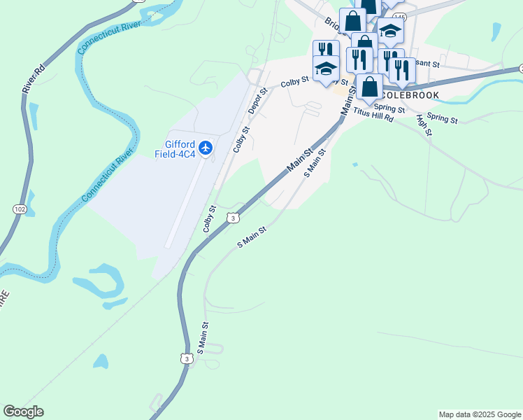 map of restaurants, bars, coffee shops, grocery stores, and more near 25 Sunset Drive in Colebrook