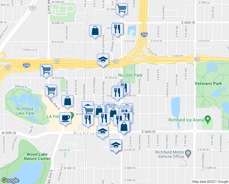map of restaurants, bars, coffee shops, grocery stores, and more near 6337 Blaisdell Avenue in Richfield