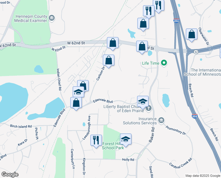 map of restaurants, bars, coffee shops, grocery stores, and more near 6381 Tanager Lane in Eden Prairie