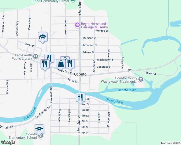 map of restaurants, bars, coffee shops, grocery stores, and more near 1345 Main Street in Oconto