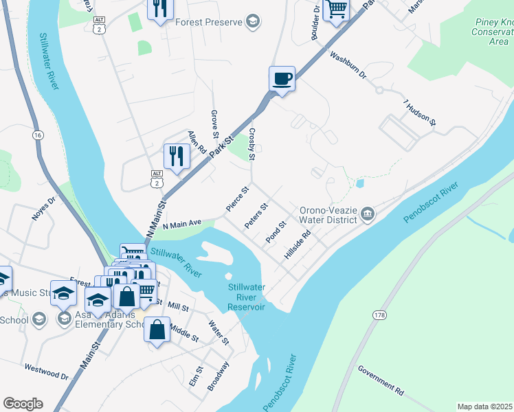 map of restaurants, bars, coffee shops, grocery stores, and more near 5779 Rangeley Road in Orono