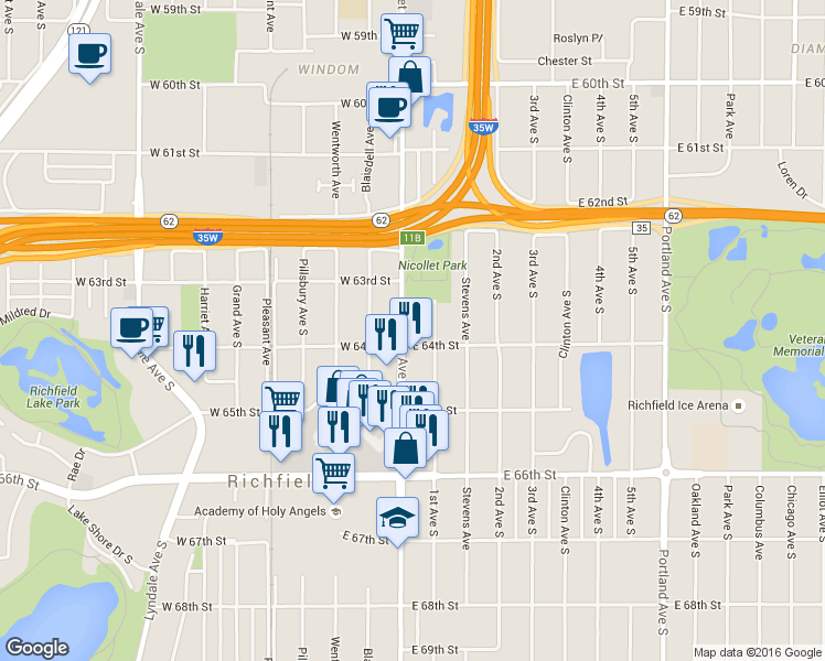 map of restaurants, bars, coffee shops, grocery stores, and more near 6337 Nicollet Avenue in Minneapolis