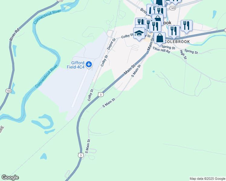 map of restaurants, bars, coffee shops, grocery stores, and more near 25 Sunset Drive in Colebrook