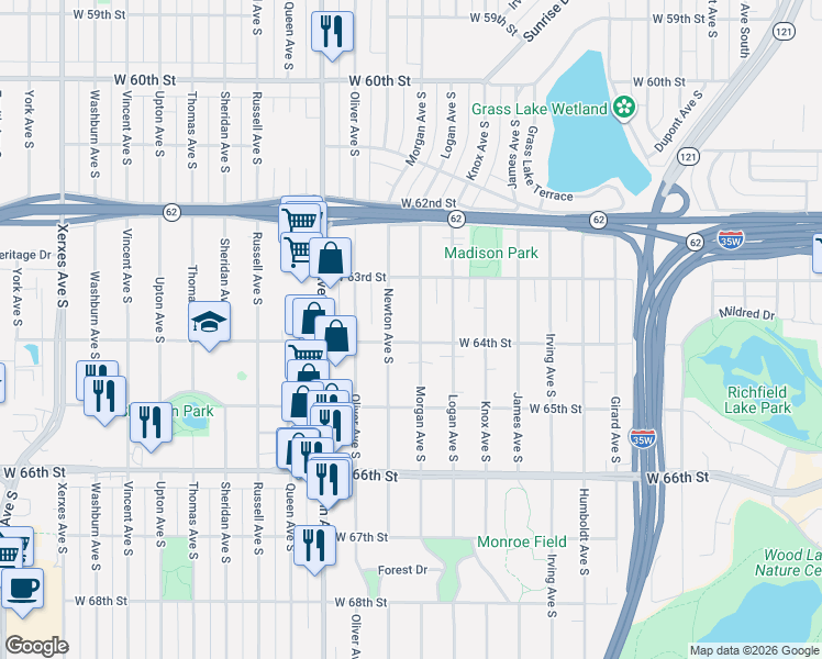map of restaurants, bars, coffee shops, grocery stores, and more near 6339 Morgan Avenue South in Minneapolis