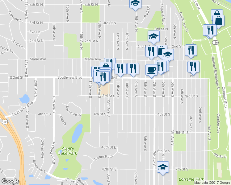 map of restaurants, bars, coffee shops, grocery stores, and more near 248 11th Avenue South in South Saint Paul