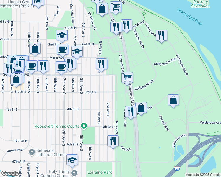 map of restaurants, bars, coffee shops, grocery stores, and more near 247 2nd Avenue South in South Saint Paul