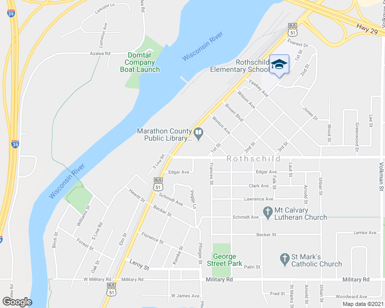 map of restaurants, bars, coffee shops, grocery stores, and more near 114 Weston Avenue in Rothschild