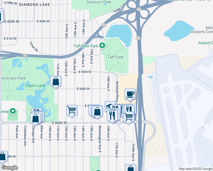map of restaurants, bars, coffee shops, grocery stores, and more near 6338 16th Avenue South in Minneapolis
