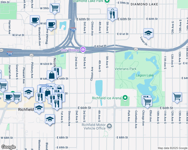 map of restaurants, bars, coffee shops, grocery stores, and more near 6339 Clinton Avenue in Minneapolis