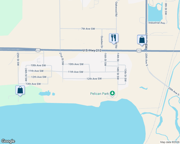 map of restaurants, bars, coffee shops, grocery stores, and more near 1808 11th Avenue Southwest in Watertown