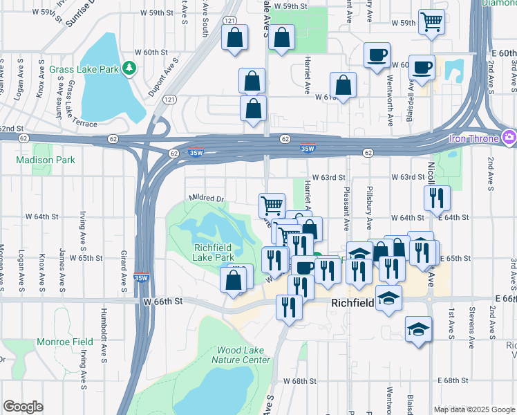 map of restaurants, bars, coffee shops, grocery stores, and more near 6350 Lyndale Avenue South in Minneapolis