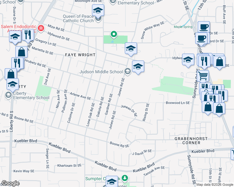 map of restaurants, bars, coffee shops, grocery stores, and more near 4721 Jones Road Southeast in Salem