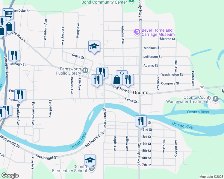 map of restaurants, bars, coffee shops, grocery stores, and more near 1022 Howe Avenue in Oconto