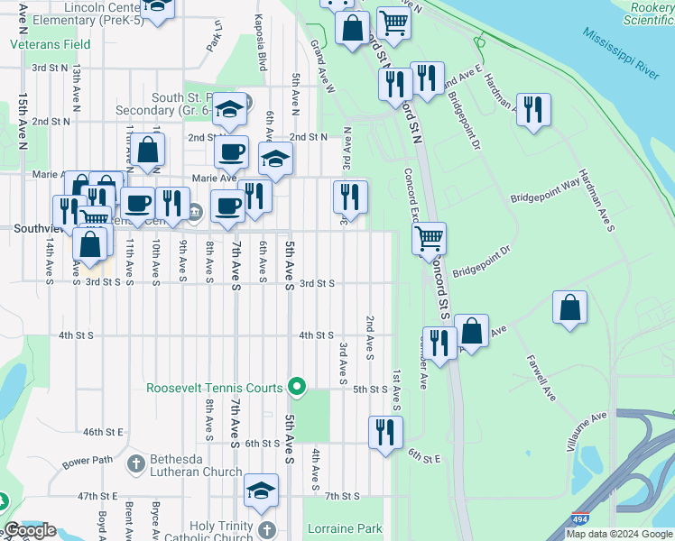 map of restaurants, bars, coffee shops, grocery stores, and more near 244 3rd Avenue South in South Saint Paul