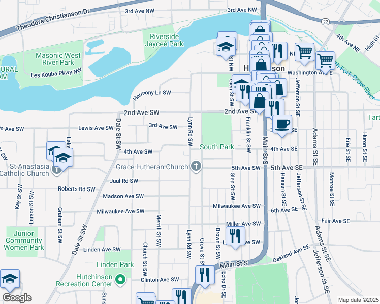 map of restaurants, bars, coffee shops, grocery stores, and more near 415 Lynn Road Southwest in Hutchinson