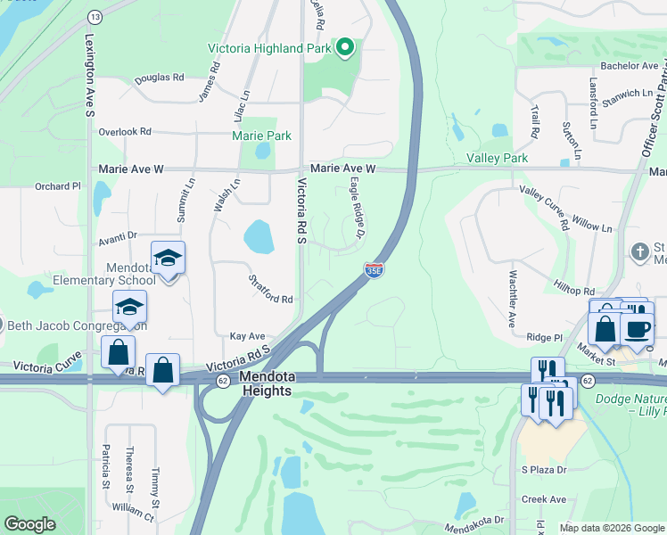 map of restaurants, bars, coffee shops, grocery stores, and more near 1860 Eagle Ridge Drive in Mendota Heights
