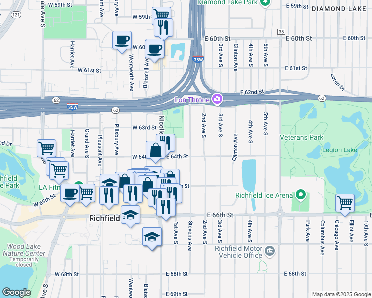 map of restaurants, bars, coffee shops, grocery stores, and more near 6338 Stevens Avenue in Minneapolis