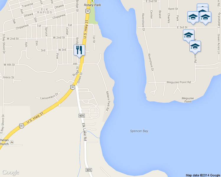 map of restaurants, bars, coffee shops, grocery stores, and more near 845 Millers Park Road in Elk Rapids