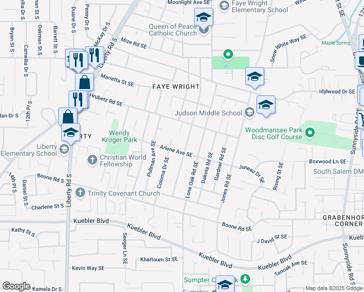 map of restaurants, bars, coffee shops, grocery stores, and more near 4777 Fir Dell Drive Southeast in Salem