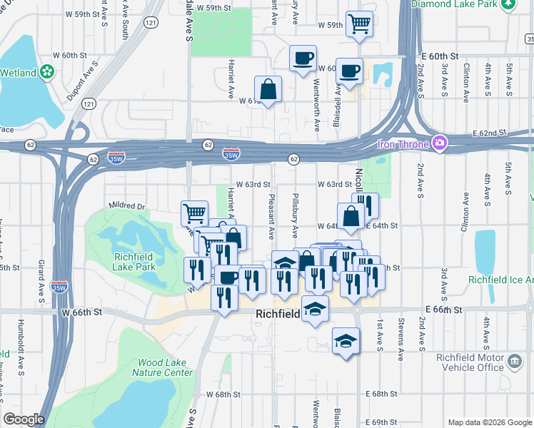 map of restaurants, bars, coffee shops, grocery stores, and more near 6334 Pleasant Avenue in Minneapolis