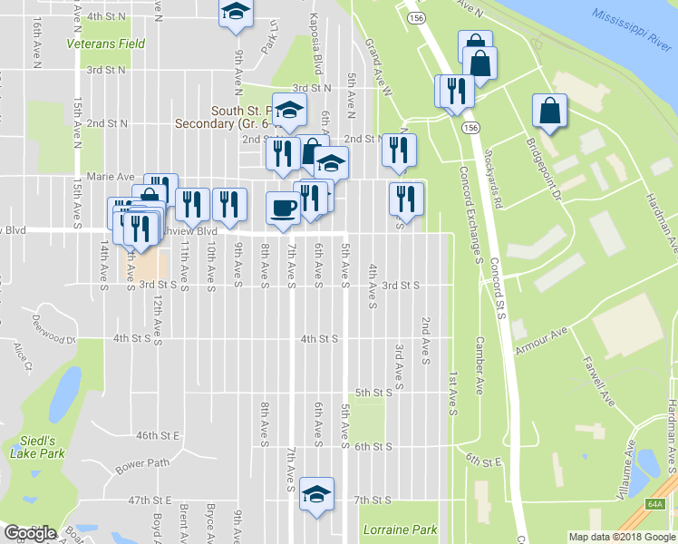 map of restaurants, bars, coffee shops, grocery stores, and more near 244 5th Avenue South in South Saint Paul