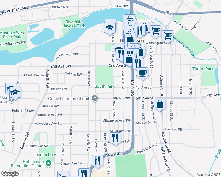 map of restaurants, bars, coffee shops, grocery stores, and more near 232 4th Avenue Southwest in Hutchinson