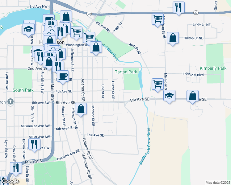 map of restaurants, bars, coffee shops, grocery stores, and more near 405 Huron Street Southeast in Hutchinson